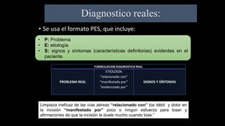Diagnostico reales:
• Se usa el formato PES, que incluye:
• P: Problema
• E: etiología
• S: signos y síntomas (características definitorias) evidentes en el
paciente.
FORMULACION DIAGNOSTICA REAL
PROBLEMA REAL
ETIOLOGÍA
“relacionado con”
“manifestado por”
“evidenciado por”
SIGNOS Y SÍNTOMAS
Limpieza ineficaz de las vías aéreas “relacionado con” tos débil y dolor en
la incisión “manifestado por” poco o ningún esfuerzo para toser y
afirmaciones de que la incisión le duele mucho cuando tose.”
 
