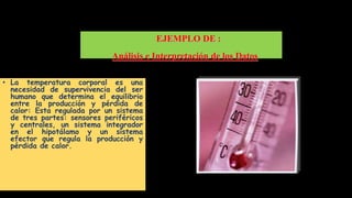 • La temperatura corporal es una
necesidad de supervivencia del ser
humano que determina el equilibrio
entre la producción y pérdida de
calor: Esta regulada por un sistema
de tres partes: sensores periféricos
y centrales, un sistema integrador
en el hipotálamo y un sistema
efector que regula la producción y
pérdida de calor.
EJEMPLO DE :
Análisis e Interpretación de los Datos
 