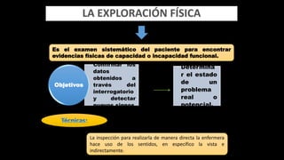 LA EXPLORACIÓN FÍSICA
Es el examen sistemático del paciente para encontrar
evidencias físicas de capacidad o incapacidad funcional.
La inspección para realizarla de manera directa la enfermera
hace uso de los sentidos, en específico la vista e
indirectamente.
Confirmar los
datos
obtenidos a
través del
interrogatorio
y detectar
nuevos signos
Determina
r el estado
de un
problema
real o
potencial.
Objetivos
 
