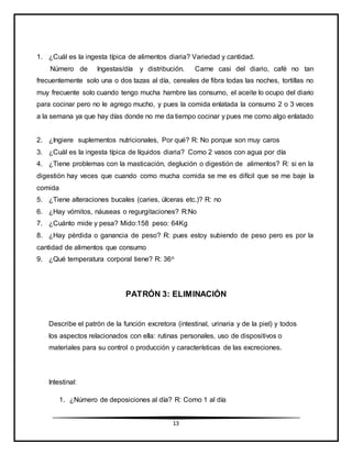 13
1. ¿Cuál es la ingesta típica de alimentos diaria? Variedad y cantidad.
Número de Ingestas/día y distribución. Carne casi del diario, café no tan
frecuentemente solo una o dos tazas al día, cereales de fibra todas las noches, tortillas no
muy frecuente solo cuando tengo mucha hambre las consumo, el aceite lo ocupo del diario
para cocinar pero no le agrego mucho, y pues la comida enlatada la consumo 2 o 3 veces
a la semana ya que hay días donde no me da tiempo cocinar y pues me como algo enlatado
2. ¿Ingiere suplementos nutricionales, Por qué? R: No porque son muy caros
3. ¿Cuál es la ingesta típica de líquidos diaria? Como 2 vasos con agua por día
4. ¿Tiene problemas con la masticación, deglución o digestión de alimentos? R: si en la
digestión hay veces que cuando como mucha comida se me es difícil que se me baje la
comida
5. ¿Tiene alteraciones bucales (caries, úlceras etc.)? R: no
6. ¿Hay vómitos, náuseas o regurgitaciones? R:No
7. ¿Cuánto mide y pesa? Mido:158 peso: 64Kg
8. ¿Hay pérdida o ganancia de peso? R: pues estoy subiendo de peso pero es por la
cantidad de alimentos que consumo
9. ¿Qué temperatura corporal tiene? R: 36o
PATRÓN 3: ELIMINACIÓN
Describe el patrón de la función excretora (intestinal, urinaria y de la piel) y todos
los aspectos relacionados con ella: rutinas personales, uso de dispositivos o
materiales para su control o producción y características de las excreciones.
Intestinal:
1. ¿Número de deposiciones al día? R: Como 1 al día
 