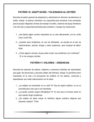 18
PATRÓN 10: ADAPTACIÓN - TOLERANCIA AL ESTRÉS
Describe el patrón general de adaptación y efectividad en términos de tolerancia al
estrés. Incluye la reserva individual o la capacidad para resistirse a las amenazas
para la propia integridad, formas de manejar el estrés, sistemas de apoyo familiares
o de otro tipo y capacidad percibida para controlar y manejar las situaciones.
1. ¿Ha habido algún cambio importante en su vida últimamente y lo ha vivido
como crisis?:No
2. ¿Cuándo tiene problemas, en vez de afrontarlos, se escuda en el uso de
medicamentos, alcohol, drogas u otras sustancias, para escapar de ellos?
R:No
3. ¿Tiene alguien cercano al que poder contar sus problemas con confianza?
R: si mis amigos y familia
PATRÓN 11: VALORES – CREENCIAS
Describe los patrones de valores, objetivos y creencias (incluidas las espirituales)
que guían las decisiones y opciones vitales del individuo. Incluye lo percibido como
importante en la vida y la percepción de conflicto en los valores, creencias y
expectativas que estén relacionados con la salud.
1. ¿La religión es importante en su vida? R: Soy de región católica, no es mi
prioridad pero creo que si es importante
2. ¿Le ayuda cuando surgen dificultades? R: Yo creo que si me hace sentir en
paz cuando tengo problemas
3. ¿Su estado de salud actual, le interfiere alguna práctica religiosa que
desearía realizar? R No
 