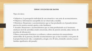 TIPOS Y FUENTES DE DATOS
Tipos de datos
• Subjetivos. La percepción individual de una situación o una serie de acontecimientos.
• Objetivos. Información susceptible de ser observada y medida.
• Históricos. Situaciones o acontecimientos que se han producido en el pasado(valores
previos de tensión arterial, apetito, roles familiares)
• Actuales. Situaciones o acontecimientos que se están produciendo en el momento
(incluyen nivel de actividad, estado emocional, cifras de presión arterial, edad, valores de
pruebas de laboratorio)
• Datos contextuales históricos: se refieren a valores anteriores de características
inamovibles de la persona, describe acontecimientos que ya han ocurrido y son parte de
la propia historia de vida. ( cumpleaños, cirugía a los 20 años, domicilio anterior, suceso
familiar significativo del pasado)
 