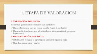 1. ETAPA DE VALORACION
2. VALIDACIÓN DEL DATO
Confirmar que los datos obtenidos sean verdaderos
Datos objetivos se hace en forma sencilla (repite la medición)
Datos subjetivos (interrogar a los familiares, reformulación de preguntas
importantes)
3. ORGANIZACIÓN DEL DATO
Información recogida se agrupa para facilitar la siguiente etapa
Que dato es relevante y cual no
 
