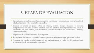 5. ETAPA DE EVALUACION
• La evaluación se define como la comparación planificada y sistematizada entre el estado de
salud del paciente y los resultados esperados.
• Evaluar, es emitir un juicio sobre un objeto, acción, trabajo, situación o persona,
comparándolo con uno o varios criterios. Los dos criterios más importantes que valora la
enfermería, en este sentido, son: la eficacia y la efectividad de las actuaciones, Griffith y
Christensen (1982).
• El proceso de evaluación consta de dos partes
 Recogida de datos sobre el estado de salud/problema/diagnóstico que queremos evaluar.
 Comparación con los resultados esperados y un juicio sobre la evolución del paciente hacia
la consecución de los resultados esperados.
 
