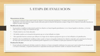 5. ETAPA DE EVALUACION
Mantenimiento del plan
• Se optará por mantener el plan inicial cuando los objetivos se hayan alcanzado parcialmente y, al analizar todo el proceso, se compruebe que el
diagnóstico y las intervenciones siguen siendo adecuados para la situación del paciente, aunque el logro de los objetivos marcados inicialmente
requiera un plazo más largo.
Modificación del plan
• Se procederá a modificar el plan inicial cuando los objetivos se hayan logrado parcialmente o no se hayan logrado en absoluto, y al revisar
todo el proceso se llega a la conclusión de que:
• - El plan inicial no era el más adecuado.
• - Ha habido cambios en la situación del paciente que no se han reflejado en el plan.
• - Han aparecido factores externos que influyen en el logro de los objetivos propuestos que no se han reflejado en la planificación.
• También cabe la posibilidad de modificar el plan cuando se hayan conseguido totalmente los objetivos marcados, pero persistan los factores
de riesgo que hacen presumir que el problema puede reaparecer si no se establece un plan para mantener los logros actuales.
Finalización del plan
• Estará indicada la finalización del plan cuando los objetivos se hayan conseguido totalmente, las causas que lo provocaban hayan desaparecido
o se hayan controlado, y el paciente demuestre la capacidad necesaria para mantener estable su situación actual de salud.
 