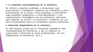  La dimensión interdependiente de la enfermera.
Se refiere a aquellos problemas o situaciones cuya
prescripción y tratamiento colaboran las enfermeras y otros
profesionales de la Salud. Estos problemas se describirán
como problemas colaborativo o interdependiente, y son
complicaciones fisiológicas que las enfermeras controlan
para detectar su inicio o su evolución y colaboran con los
otros profesionales para un tratamiento conjunto definitivo
 Dimensión independiente de la enfermera.
Es toda aquella acción que es reconocida legalmente como
responsabilidad de Enfermería, y que no requiere la
supervisión o dirección de otros profesionales. Son los
Diagnósticos de Enfermería. (D.E.)
 