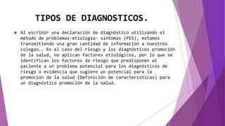 TIPOS DE DIAGNOSTICOS.
 Al escribir una declaración de diagnóstico utilizando el
método de problemas-etiología- síntomas (PES), estamos
transmitiendo una gran cantidad de información a nuestros
colegas.. En el caso del riesgo y los diagnósticos promoción
de la salud, no aplican factores etiológicos, por lo que se
identifican los factores de riesgo que predisponen al
paciente a un problema potencial para los diagnósticos de
riesgo o evidencia que sugiere un potencial para la
promoción de la salud (Definición de características) para
un diagnóstico promoción de la salud.
 