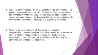  Para la construcción de un diagnóstico de enfermería, la
NANDA recomienda utilizar el formato P.E.S., elaborado
por Marjory Gordon en 1982. Estas siglas especifican el
orden que debe seguir la formulación de un diagnóstico de
enfermería: problema, etiología y signos y síntomas.
 Primero se determinará el Problema o etiqueta
diagnóstica. Posteriormente se relacionará esta etiqueta
con su factor relacionado o causa, es decir con su
Etiología. Y por último, se especificarán los Signos y
Síntomas que padece el paciente.
 