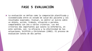 FASE 5 EVALUACIÓN
 La evaluación se define como la comparación planificada y
sistematizada entre el estado de salud del paciente y los
resultados esperados. Evaluar, es emitir un juicio sobre
un objeto, acción, trabajo, situación o persona,
comparándolo con uno o varios criterios. Los dos
criterios más importantes que valora la enfermería, en
este sentido, son: la eficacia y la efectividad de las
actuaciones, Griffith y Christensen (1982). El proceso de
evaluación consta de dos partes
 