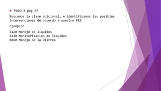  PASO 3 pag 57
Buscamos la clase adicional, e identificamos las posibles
intervenciones de acuerdo a nuestro PES
Ejemplo:
4120 Manejo de líquidos
4130 Monitorización de líquidos
0460 Manejo de la diarrea
 