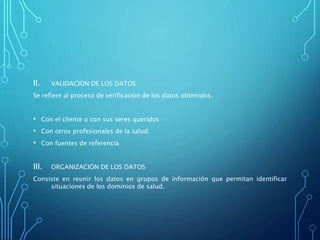 II. VALIDACION DE LOS DATOS
Se refiere al proceso de verificación de los datos obtenidos.
• Con el cliente o con sus seres queridos
• Con otros profesionales de la salud.
• Con fuentes de referencia
III. ORGANIZACIÓN DE LOS DATOS
Consiste en reunir los datos en grupos de información que permitan identificar
situaciones de los dominios de salud.
 