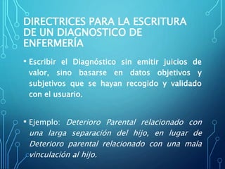 DIRECTRICES PARA LA ESCRITURA
DE UN DIAGNOSTICO DE
ENFERMERÍA
• Escribir el Diagnóstico sin emitir juicios de
valor, sino basarse en datos objetivos y
subjetivos que se hayan recogido y validado
con el usuario.
• Ejemplo: Deterioro Parental relacionado con
una larga separación del hijo, en lugar de
Deterioro parental relacionado con una mala
vinculación al hijo.
 