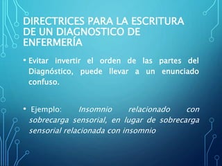 DIRECTRICES PARA LA ESCRITURA
DE UN DIAGNOSTICO DE
ENFERMERÍA
• Evitar invertir el orden de las partes del
Diagnóstico, puede llevar a un enunciado
confuso.
• Ejemplo: Insomnio relacionado con
sobrecarga sensorial, en lugar de sobrecarga
sensorial relacionada con insomnio
 