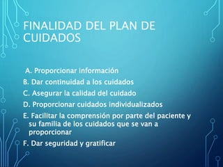 FINALIDAD DEL PLAN DE
CUIDADOS
A. Proporcionar información
B. Dar continuidad a los cuidados
C. Asegurar la calidad del cuidado
D. Proporcionar cuidados individualizados
E. Facilitar la comprensión por parte del paciente y
su familia de los cuidados que se van a
proporcionar
F. Dar seguridad y gratificar
 