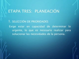 ETAPA TRES: PLANEACIÓN
1. SELECCIÓN DE PRIORIDADES
Exige estar en capacidad de determinar lo
urgente, lo que es necesario realizar para
solucionar las necesidades de la persona.
 