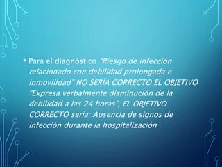 • Para el diagnóstico “Riesgo de infección
relacionado con debilidad prolongada e
inmovilidad” NO SERÍA CORRECTO EL OBJETIVO
“Expresa verbalmente disminución de la
debilidad a las 24 horas”, EL OBJETIVO
CORRECTO sería: Ausencia de signos de
infección durante la hospitalización
 