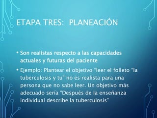 ETAPA TRES: PLANEACIÓN
• Son realistas respecto a las capacidades
actuales y futuras del paciente
• Ejemplo: Plantear el objetivo “leer el folleto “la
tuberculosis y tu” no es realista para una
persona que no sabe leer. Un objetivo más
adecuado sería “Después de la enseñanza
individual describe la tuberculosis”
 