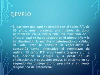 EJEMPLO
• El paciente que aquí se presenta es el señor P.T. de
65 años, quien presenta una historia de dolor
permanente en la rodilla con una evolución de 3
años, el cual se ha agudizado en el ultimo año y le
ha disminuido la marcha y deteriorado su calidad
de vida, ante la consulta al especialista se
conceptúa como alternativa el reemplazo de
rodilla. El señor P.T. y su familia (esposa y un a
hija) deciden la cirugía y, a pesar de las
explicaciones y educación previa, el paciente en su
segundo día postoperatorio presenta el siguiente
diagnostico de enfermería:
 