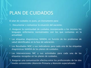PLAN DE CUIDADOS
El plan de cuidados es pues, un instrumento para:
1. Documentar y comunicar la situación del paciente.
2. Asegurar la continuidad de cuidados incorporando a los mismos los
lenguajes enfermeros normalizados con los que contamos en la
actualidad:
• Las etiquetas diagnósticas NANDA, en función de los problemas de
salud identificados en la fase de valoración.
• Los Resultados NOC y sus indicadores para cada una de las etiquetas
diagnósticas NANDA de los planes de cuidados.
• Las Intervenciones NIC y sus actividades para cada una de las
etiquetas recogidas en los planes de cuidados.
3. Asegurar una comunicación efectiva entre los profesionales de los dos
niveles asistenciales (Atención Primaria y Atención especializada)
 