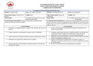 UNIVERSIDAD TÉCNICA DEL NORTE
FACULTAD CIENCIAS DE LA SALUD
CARRERA DE ENFERMERÍA
CLASIFICACIÓN DE INTERVENCIONES (NIC)
Dominio: Conductual (III) Clase: (O) Terapia conductual Dominio: Fisiológico Básico (I) Clase: Autocuidado (B)
Tipo de Intervención: Acuerdo con el
paciente
Código: 4420 Tipo de Intervención: Proceso de
enfermedad
Código: 5602
Intervención: Actividades para manejar de una mejor
manera la enfermedad
Intervención: Actividades para informar el proceso de
la enfermedad
FUNDAMENTO CIENTÍFICO: Negociar un acuerdo con el paciente para
reforzar un cambio de conducta específico
FUNDAMENTO CIENTÍFICO: La experiencia de enfermedad es la vivencia de un
proceso que implica cambios o modificaciones de un estado previo. Se divide en cinco
etapas: Fase I, en la que se experimenta el síntoma. Fase II, en la que se asume el
papel de enfermo.
ACTIVIDADES ACTIVIDADES
1. Determinar la capacidad mental y cognitiva del individuo para hacer un
contrato.
1. Evaluar el nivel actual de conocimientos del paciente relacionado con el
proceso de enfermedad.
2. Animar al paciente a que determine sus puntos fuertes y habilidades. 2. Enseñanza: medicamentos prescritos. Identificar también si la paciente tiene
conocimientos sobre los riesgos de su enfermedad y sobre todo de los
riesgos de no tomar su medicación y no llevar una dieta adecuada.
3. Ayudar al paciente a identificar las prácticas sobre la salud que desea cambiar. 3. Informarle que la meta terapéutica es controlar su presión arterial, y así poder
reducir la posibilidad de complicaciones.
4. Determinar con el paciente los objetivos de los cuidados 4. Explicar el significado de la hipertensión, los factores de riesgo y su
influencia en el sistema cardiovascular, así como de la importancia de seguir
los consejos dados.
5. Animar al paciente a que identifique sus propios objetivos, no los que cree
que espera el cuidado
5. Insistir en las consecuencias de la hipertensión no controlada.
 