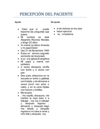 PERCEPCION DEL PACIENTE
Ayuda No ayuda
 Claro que sí , puede
hacerme las preguntas que
quiera
 Mi nombre es José
Alejandro Recinos Morales
y tengo 22 años
 mi mamá se llama Amanda
y mi papá Edwin
 naci 21 de Noviembre 1995
 Estoy en tercero segundo
semestre de licenciado
 si yo a la iglesia Evangélica
 Mi papá y mamá son
jubilados
 a veces desayuno conflix
con leche y a veces con
pan.
 Des pues refacciono en la
escuela un tortrix o galletas
confrutada, y de almuerzo a
veces jocon con arroz o
caldo, y en la cena frijoles
con huevos y tortillas .
 Me levanto
 , me cepillo, desayuno, me
cambio la ropa para ir a
trabajar , me voy a trabajar
y después regreso ,
almuerzo y después hago
mis tareas y después
regreso a mi casa a cenar y
miro tele y después voy
 si de dolores en los pies
 hacer ejercicio
 no , ni bañarme
 