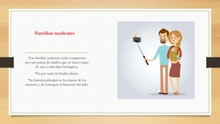 Familias nucleares
*Las familias nucleares están compuestas
por una pareja de adultos que se hacen cargo
de uno o más hijos biológicos.
*Es por tanto la familia clásica.
*Su función principal es ña crianza de los
menores y de conseguir el bienestar del niño.
 