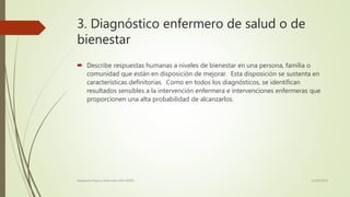 3. Diagnóstico enfermero de salud o de
bienestar
 Describe respuestas humanas a niveles de bienestar en una persona, familia o
comunidad que están en disposición de mejorar. Esta disposición se sustenta en
características definitorias. Como en todos los diagnósticos, se identifican
resultados sensibles a la intervención enfermera e intervenciones enfermeras que
proporcionen una alta probabilidad de alcanzarlos.
11/08/2016Adalberto Pizarro Enfermero MN 50305
 