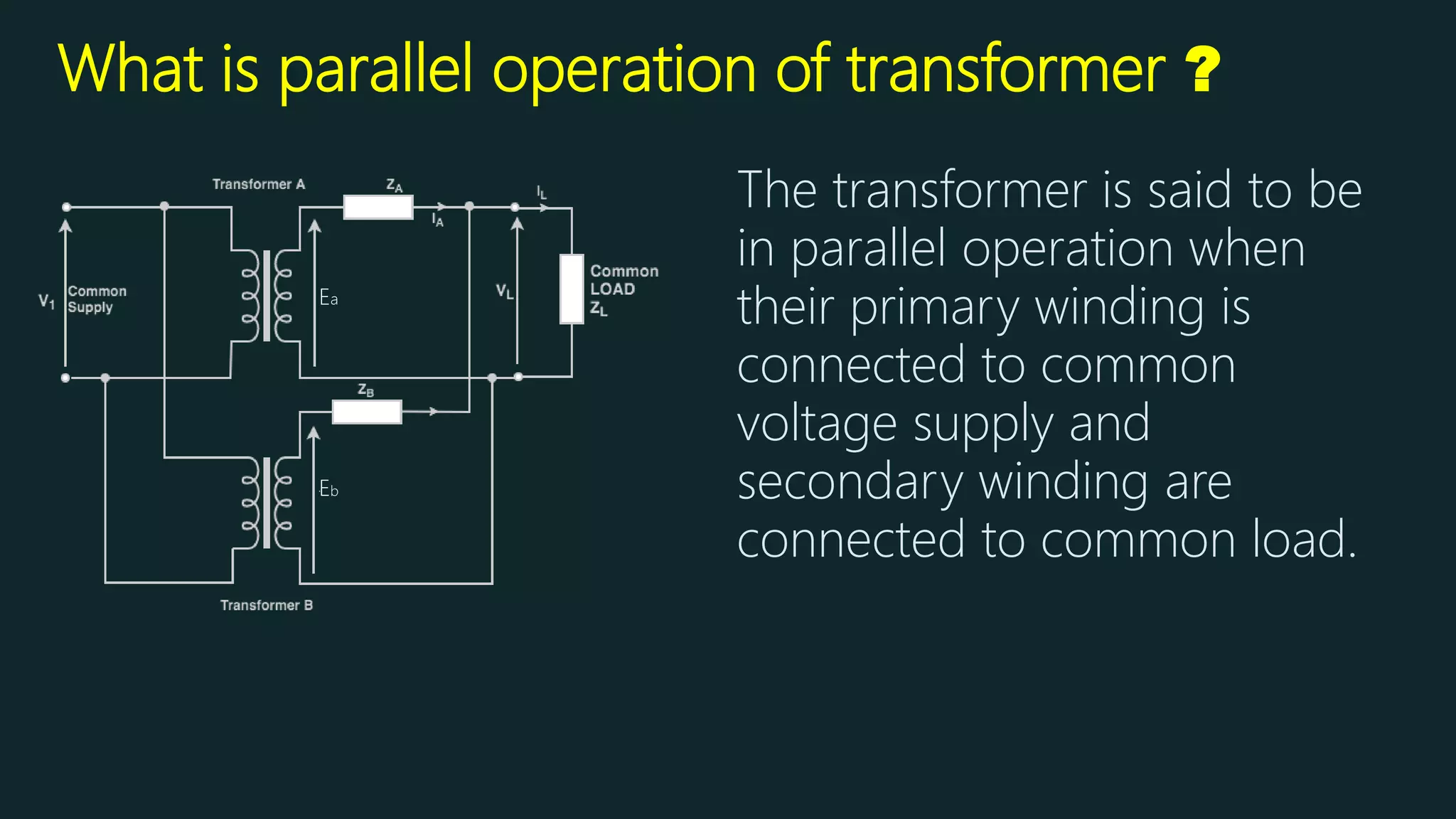 What is parallel operation of transformer ?
The transformer is said to be
in parallel operation when
their primary winding is
connected to common
voltage supply and
secondary winding are
connected to common load.
Ea
Eb
 