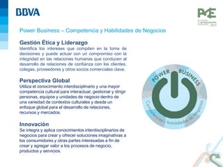 Gestión Ética y Liderazgo
Identifica los intereses que compiten en la toma de
decisiones y puede actuar con un compromiso con la
integridad en las relaciones humanas que conducen al
desarrollo de relaciones de confianza con los clientes,
colegas, proveedores y otros socios comerciales clave.
Perspectiva Global
Utiliza el conocimiento interdisciplinario y una mayor
competencia cultural para interactuar, gestionar y dirigir
personas, equipos y unidades de negocio dentro de
una variedad de contextos culturales y desde un
enfoque global para el desarrollo de relaciones,
recursos y mercados.
Innovación
Se integra y aplica conocimientos interdisciplinarios de
negocios para crear y ofrecer soluciones imaginativas a
los consumidores y otras partes interesadas a fin de
crear y agregar valor a los procesos de negocio,
productos y servicios.
Power Business – Competencia y Habilidades de Negocios
 