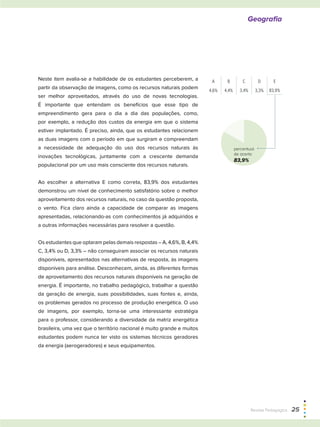Neste item avalia-se a habilidade de os estudantes perceberem, a
partir da observação de imagens, como os recursos naturais podem
ser melhor aproveitados, através do uso de novas tecnologias.
É importante que entendam os benefícios que esse tipo de
empreendimento gera para o dia a dia das populações, como,
por exemplo, a redução dos custos da energia em que o sistema
estiver implantado. É preciso, ainda, que os estudantes relacionem
as duas imagens com o período em que surgiram e compreendam
a necessidade de adequação do uso dos recursos naturais às
inovações tecnológicas, juntamente com a crescente demanda
populacional por um uso mais consciente dos recursos naturais.
Ao escolher a alternativa E como correta, 83,9% dos estudantes
demonstrou um nível de conhecimento satisfatório sobre o melhor
aproveitamento dos recursos naturais, no caso da questão proposta,
o vento. Fica claro ainda a capacidade de comparar as imagens
apresentadas, relacionando-as com conhecimentos já adquiridos e
a outras informações necessárias para resolver a questão.
Os estudantes que optaram pelas demais respostas – A, 4,6%, B, 4,4%
C, 3,4% ou D, 3,3% – não conseguiram associar os recursos naturais
disponíveis, apresentados nas alternativas de resposta, às imagens
disponíveis para análise. Desconhecem, ainda, as diferentes formas
de aproveitamento dos recursos naturais disponíveis na geração de
energia. É importante, no trabalho pedagógico, trabalhar a questão
da geração de energia, suas possibilidades, suas fontes e, ainda,
os problemas gerados no processo de produção energética. O uso
de imagens, por exemplo, torna-se uma interessante estratégia
para o professor, considerando a diversidade da matriz energética
brasileira, uma vez que o território nacional é muito grande e muitos
estudantes podem nunca ter visto os sistemas técnicos geradores
da energia (aerogeradores) e seus equipamentos.
83+17
A B C D E
4,6% 4,4% 3,4% 3,3% 83,9%
percentual
de acerto
83,9%
Geografia
Revista Pedagógica  25
 