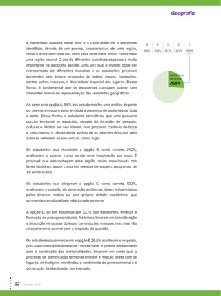 A habilidade avaliada neste item é a capacidade de o estudante
identificar, através de um poema, características de uma região,
onde o autor descreve seu amor pela terra natal, tendo como base
uma região natural. O uso de diferentes narrativas espaciais é muito
importante na geografia escolar, uma vez que o mundo pode ser
representado de diferentes maneiras e os estudantes precisam
apreender, pela leitura, produção de textos, mapas, fotografias,
dentre outros recursos, a diversidade espacial dos lugares. Dessa
forma, é fundamental que os estudantes consigam operar com
diferentes formas de representação das realidades geográficas.
Ao optar pela opção A, 9,6% dos estudantes fez uma análise de parte
do poema, em que o autor enfatiza a presença de visitantes de toda
a parte. Dessa forma, o estudante considerou que uma pequena
porção territorial se expandiu, através da incursão de pessoas,
culturas e hábitos em seu interior, num processo contínuo de troca
e crescimento, e não se ateve ao fato de as relações descritas pelo
autor se referirem ao seu vínculo com o lugar.
Os estudantes que marcaram a opção B como correta, 21,2%,
analisaram o poema como sendo uma imaginação do autor. É
provável que desconheçam essa região, muito mencionada nos
livros didáticos, assim como em revistas de viagem, programas de
TV, entre outros.
Os estudantes que elegeram a opção C como correta, 10,3%,
analisaram a questão da destruição ambiental, talvez influenciados
pelas diversas mídias ou pelo próprio debate acadêmico, que
apresentam amplo debate relacionado ao tema.
A opção D, ao ser escolhida por 32,1% dos estudantes, enfatiza a
formação de paisagens naturais. Na leitura, levaram em consideração
a descrição minuciosa do lugar, como dunas, mangue, mar, mas não
relacionaram o poema com a proposta da questão.
Os estudantes que marcaram a opção E 26,6% acertaram a resposta,
pois exerceram a habilidade de correlacionar o poema apresentado
com a construção das territorialidades. Levaram em conta que o
processo de identificação territorial envolve a relação direta com os
lugares, as tradições envolvidas, o sentimento de pertencimento e a
construção da identidade, por exemplo.
26+74
A B C D E
9,6% 21,2% 10,3% 32,1% 26,6%
percentual
de acerto
26,6%
Geografia
32  Paebes 2012
 