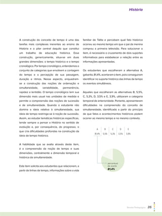 A construção do conceito de tempo é uma das
tarefas mais complexas inerentes ao ensino de
História e o pilar central daquilo que constitui
um trabalho de educação histórica. Essa
construção, genericamente, situa-se em duas
grandes dimensões: o tempo histórico e o tempo
cronológico. Por tempo cronológico, entendemos o
conjunto de categorias que envolvem a contagem
do tempo e a percepção de sua passagem,
duração e ritmos. Nesse aspecto, enquadram-
se a construção das noções de ordenação e
simultaneidade, variabilidade, permanência,
rapidez e lentidão. O tempo cronológico tem sua
dimensão mais usual nas unidades de medida e
permite a compreensão das noções de sucessão
e de simultaneidade. Quando o estudante não
domina a ideia relativa à simultaneidade, sua
ideia de tempo restringe-se à noção de sucessão.
Assim, ao estudar temáticas históricas específicas,
tende sempre a pensar a História no sentido de
evolução e, por consequência, do progresso, o
que cria dificuldades profundas na construção da
ideia de tempo histórico.
A habilidade que se avalia através deste item,
é a compreensão da noção de tempo e suas
dimensões, centralmente a dimensão temporal e
histórica da simultaneidade.
Este item solicita aos estudantes que relacionem, a
partir de linhas de tempo, informações sobre a vida
familiar de Talita e percebam qual fato histórico
ocorreu ao mesmo tempo em que o pai da menina
comprou a primeira televisão. Para solucionar o
item, é necessário o cruzamento de dois suportes
informativos para estabelecer a relação entre as
informações apresentadas.
Os estudantes que escolheram a alternativa A,
gabarito,81,4%,acertaramoitem,poisconseguiram
identificar no suporte histórico das linhas de tempo
os eventos simultâneos.
Aqueles que escolheram as alternativas B, 5,5%,
C, 5,3%, D, 3,5% e E, 3,9%, utilizaram a categoria
temporal de anterioridade. Portanto, apresentaram
dificuldades na compreensão do conceito de
simultaneidade, identificado a partir do princípio
de que fatos e acontecimentos históricos podem
ocorrer ao mesmo tempo e no mesmo contexto.
81+19
A B C D E
81,4% 5,5% 5,3% 3,5% 3,9%
percentual
de acerto
81,4%
História
Revista Pedagógica  35
 