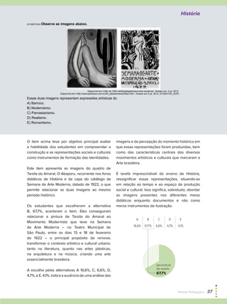 (H120011E4) Observe as imagens abaixo.
Disponível em:<http://a-1000.net/blog/tag/semana-arte-moderna>. Acesso em: 4 jul. 2012.
Disponível em:<http://www.pitoresco.com.br/art_data/semana/index.htm>. Acesso em 4 jul. 2012. (H120011E4_SUP)
Essas duas imagens representam expressões artísticas do
A) Barroco.
B) Modernismo.
C) Parnasianismo.
D) Realismo.
E) Romantismo.
O item acima teve por objetivo principal avaliar
a habilidade dos estudantes em compreender a
construção e as representações sociais e culturais
como instrumentos de formação das identidades.
Este item apresenta as imagens do quadro de
Tarsila do Amaral, O Abaporu, recorrente nos livros
didáticos de História e da capa do catálogo da
Semana de Arte Moderna, datado de 1922, o que
permite relacionar as duas imagens ao mesmo
período histórico.
Os estudantes que escolheram a alternativa
B, 67,7%, acertaram o item. Eles conseguiram
relacionar a pintura de Tarsila do Amaral ao
Movimento Modernista que teve na Semana
de Arte Moderna – no Teatro Municipal de
São Paulo, entre os dias 13 e 18 de fevereiro
de 1922 – o principal propósito de renovar,
transformar o contexto artístico e cultural urbano,
tanto na literatura, quanto nas artes plásticas,
na arquitetura e na música, criando uma arte
essencialmente brasileira.
A escolha pelas alternativas A 16,6%, C, 6,6%, D,
4,7%, e E, 4,1%, indica a ausência de uma análise das
imagens e da percepção do momento histórico em
que essas representações foram produzidas, bem
como das características centrais dos diversos
movimentos artísticos e culturais que marcaram a
Arte brasileira.
É tarefa imprescindível do ensino de História,
ressignificar essas representações, situando-as
em relação ao tempo e ao espaço de produção
social e cultural. Isso significa, sobretudo, abordar
as imagens presentes nos diferentes meios
didáticos enquanto documentos e não como
meros instrumentos de ilustração.
67+33
A B C D E
16,6% 67,7% 6,6% 4,7% 4,1%
percentual
de acerto
67,7%
História
Revista Pedagógica  37
 