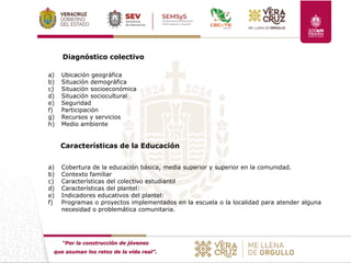 “Por la construcción de jóvenes
que asuman los retos de la vida real”.
Diagnóstico colectivo
a) Ubicación geográfica
b) Situación demográfica
c) Situación socioeconómica
d) Situación sociocultural
e) Seguridad
f) Participación
g) Recursos y servicios
h) Medio ambiente
Características de la Educación
a) Cobertura de la educación básica, media superior y superior en la comunidad.
b) Contexto familiar
c) Características del colectivo estudiantil
d) Características del plantel:
e) Indicadores educativos del plantel:
f) Programas o proyectos implementados en la escuela o la localidad para atender alguna
necesidad o problemática comunitaria.
 