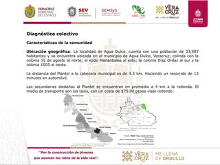 “Por la construcción de jóvenes
que asuman los retos de la vida real”.
Diagnóstico colectivo
Características de la comunidad
Ubicación geográfica: La localidad de Agua Dulce, cuenta con una población de 33,987
habitantes y se encuentra ubicada en el municipio de Agua Dulce, Veracruz; colinda con la
colonia 15 de agosto al norte; el ejido Manantiales al este; la colonia Díaz Ordaz al sur y la
colonia 1005 al oeste.
La distancia del Plantel a la cabecera municipal es de 4.3 km. Haciendo un recorrido de 13
minutos en automóvil.
Las secundarias aledañas al Plantel se encuentran en promedio a 4 km a la redonda. El
medio de transporte son los taxis, con un costo de $70.00 pesos viaje redondo.
 