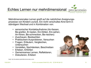 15.02.2014 © 2014, pro accessio GmbH & Co. KG, CC BY-NC-SA 3.0 12
Echtes Lernen nur mehrdimensional
Mehrdimensionales Lernen greift auf die natürlichen Aneignungs-
prozesse von Kindern zurück. Ein nicht verschultes Kind lernt in
ständigem Wechsel und in Kombination von:
• sensorischer Kontaktaufnahme (An-fassen,
Be-greifen, Er-tasten, Ein-fühlen, Ein-sehen,
An-hören, Be-schmecken, Be-riechen)
• Zuschauen, Beobachten
• Praktischem Ausprobieren, Versuchen
• Fragen, Erläutern, Vergleichen,
Untersuchen
• Vorstellen, Nachdenken, Beschreiben
• Erleben, Erfühlen
• Gemeinsames Lernen, Reflektieren,
• Diskutieren, Erleben
Quelle: http://de.wikipedia.org/wiki/Mehrdimensionales_Lernen
 