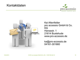 Kontaktdaten
15.02.2014 18© 2014, pro accessio GmbH & Co. KG, CC BY-NC-SA 3.0
Kai Altenfelder
pro accessio GmbH & Co.
KG
Hansestr. 1
21614 Buxtehude
www.pro-accessio.de
ka@pro-accessio.de
04161-301660
 