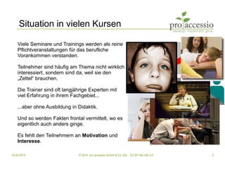 15.02.2014 © 2014, pro accessio GmbH & Co. KG, CC BY-NC-SA 3.0 2
Situation in vielen Kursen
Viele Seminare und Trainings w...