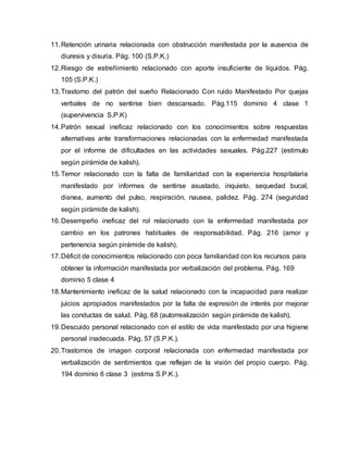 11.Retención urinaria relacionada con obstrucción manifestada por la ausencia de
diuresis y disuria. Pág. 100 (S.P.K.)
12.Riesgo de estreñimiento relacionado con aporte insuficiente de líquidos. Pág.
105 (S.P.K.)
13.Trastorno del patrón del sueño Relacionado Con ruido Manifestado Por quejas
verbales de no sentirse bien descansado. Pág.115 dominio 4 clase 1
(supervivencia S.P.K)
14.Patrón sexual ineficaz relacionado con los conocimientos sobre respuestas
alternativas ante transformaciones relacionadas con la enfermedad manifestada
por el informe de dificultades en las actividades sexuales. Pág.227 (estimulo
según pirámide de kalish).
15.Temor relacionado con la falta de familiaridad con la experiencia hospitalaria
manifestado por informes de sentirse asustado, inquieto, sequedad bucal,
disnea, aumento del pulso, respiración, nausea, palidez. Pág. 274 (seguridad
según pirámide de kalish).
16.Desempeño ineficaz del rol relacionado con la enfermedad manifestada por
cambio en los patrones habituales de responsabilidad. Pág. 216 (amor y
pertenencia según pirámide de kalish).
17.Déficit de conocimientos relacionado con poca familiaridad con los recursos para
obtener la información manifestada por verbalización del problema. Pág. 169
dominio 5 clase 4
18.Mantenimiento ineficaz de la salud relacionado con la incapacidad para realizar
juicios apropiados manifestados por la falta de expresión de interés por mejorar
las conductas de salud. Pág. 68 (autorrealización según pirámide de kalish).
19.Descuido personal relacionado con el estilo de vida manifestado por una higiene
personal inadecuada. Pág. 57 (S.P.K.).
20.Trastornos de imagen corporal relacionada con enfermedad manifestada por
verbalización de sentimientos que reflejan de la visión del propio cuerpo. Pág.
194 dominio 6 clase 3 (estima S.P.K.).
 