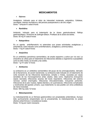 MEDICAMENTOS


Dipirona

Analgésico. Indicado para el dolor de intensidad moderada, antipirético, Cefaleas,
neuralgias, dolores reumáticos y del periodo postoperatorio o de otro origen.
Dosis: 1 ámpula IV cada 8 horas


Ranitidina

Antiácido. Indicado para el tratamiento de la úlcera gastroduodenal.
gastroesofágico. Síndrome de Zollinger-Ellison. Profilaxis de la úlcera de estrés.
Dosis: 50 mg IV cada 8 horas


Reflujo

Ketoprofeno

Es un agente antiinflamatorio no esteroideo que posee actividades analgésicas y
antipiréticas. Esta indicado como antiinflamatorio, analgésico y antirreumático.
Dosis: 1 mg IV cada 8 horas


Ampicilina

Es un antibiótico penicilínico semisintético, de amplio espectrro y activo por vía oral. La
ampicilina se utiliza para el tratamiento de infecciones debidas a organismos susceptibles
como la otitis media, la sinusitis y las cistitis.
Dosis: 1 gr IV cada 12 horas


Amikacina

La amikacina es un antibiótico semisintético del grupo de los aminoglucósidos, derivado
de la Kanamicina, de acción bactericida. La amikacina está indicado en el tratamiento de
corta duración de las infecciones bacterianas, simples o mixtas, causadas por cepas
sensibles de los microorganismos antes citados, tales como: Septicemia (incluyendo
sepsis neonatal), Infecciones severas del tracto respiratorio. Infecciones del sistema
nervioso central (meningitis). Infecciones intra-abdominales, incluyendo peritonitis.
Infecciones de la piel, huesos, tejidos blandos y en quemaduras. Infecciones complicadas
y recidivantes del aparato urinario, cuyo tratamiento no sea posible con otros antibiólicos
de menor toxicidad.
Dosis: 500 mg cada 12 horas


Metoclopramida

La metoclopramida es un fármaco gastrocinético con propiedades antieméticas. Aunque
ésta químicamente emparentado con la procainamida, la metoclopramida no posee
efectos antiarrítmicos ni anestésicos locales.
Dosis: 10 mg por razón necesaria

30

 