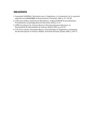 BIBLIOGRAFÍA
1. Comunidad GdEdlNAel. Normativas para el diagnóstico y el tratamiento de la neumonía
adquirida en la comunidad. In Bronconeumol A. Sociedad.; 2005. p. 41: 272-89.
2. F SM, Cases Viedma. Instilación de fibrinolíticos.. In Manual SEPAR de procedimientos.
Procedimientos en patología pleural II. Barcelona; 2006. p. 5-14.
3. J DMD, Jara Chinarro B , Ventura Álvarez A. Derrames pleurales infecciosos.. In
Neumomadrid M. Enfermedades de la pleura. Madrid; 2003. p. p. 69-93.
4. V VG, Ferrer Sancho , Hernández Blasco L, Pérez Rodríguez E. Diagnóstico y tratamiento
del derrame pleural. In Torácica. SEdNyC. Arch Bronconeumol. España; 2006. p. 349-72.
 