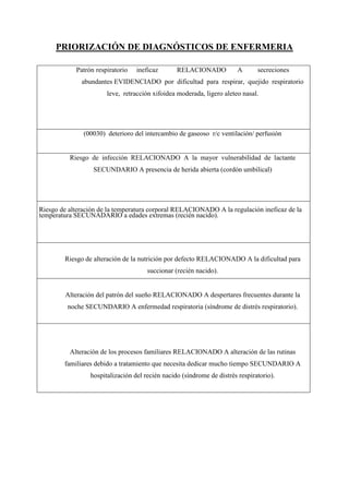 PRIORIZACIÓN DE DIAGNÓSTICOS DE ENFERMERIA
Patrón respiratorio ineficaz RELACIONADO A secreciones
abundantes EVIDENCIADO por dificultad para respirar, quejido respiratorio
leve, retracción xifoidea moderada, ligero aleteo nasal.
(00030) deterioro del intercambio de gaseoso r/c ventilación/ perfusión
Riesgo de infección RELACIONADO A la mayor vulnerabilidad de lactante
SECUNDARIO A presencia de herida abierta (cordón umbilical)
Riesgo de alteración de la temperatura corporal RELACIONADO A la regulación ineficaz de la
temperatura SECUNADARIO a edades extremas (recién nacido).
Riesgo de alteración de la nutrición por defecto RELACIONADO A la dificultad para
succionar (recién nacido).
Alteración del patrón del sueño RELACIONADO A despertares frecuentes durante la
noche SECUNDARIO A enfermedad respiratoria (síndrome de distrés respiratorio).
Alteración de los procesos familiares RELACIONADO A alteración de las rutinas
familiares debido a tratamiento que necesita dedicar mucho tiempo SECUNDARIO A
hospitalización del recién nacido (síndrome de distrés respiratorio).
 