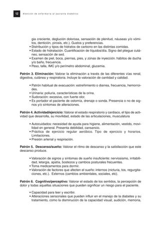 gia creciente, deglución dolorosa, sensación de plenitud, náuseas y/o vómi-
tos, dentición, pirosis, etc.). Gustos y preferencias.
• Distribución y tipos de hidratos de carbono en las distintas comidas.
• Estado de hidratación. Cuantificación de líquidos/día. Signo del pliegue cutá-
neo, sensación de sed.
• Examen de piel, boca, piernas, pies, y zonas de inyección. hábitos de ducha
y/o baño, frecuencia.
• Peso, talla, IMC y/o perímetro abdominal, glucemia.
Patrón 3. Eliminación: Valorar la eliminación a través de las diferentes vías renal,
digestiva, cutánea y respiratoria. Incluye la valoración de cantidad y calidad.
• Patrón habitual de evacuación: estreñimiento o diarrea, frecuencia, hemorroi-
des.
• Urinaria: poliuria, características de la orina.
• Sudoración: excesiva, con fuerte olor.
• Es portador el paciente de ostomía, drenaje o sonda. Presencia o no de sig-
nos y/o síntomas de alteraciones.
Patrón 4. Actividad/ejercicio: Valorar el estado respiratorio y cardiaco, el tipo de acti-
vidad que desarrolla, su movilidad, estado de las articulaciones, musculatura
• Autocuidados: necesidad de ayuda para higiene, alimentación, vestido, movi-
lidad en general. Presenta debilidad, cansancio.
• Práctica de ejercicio regular aeróbico. Tipo de ejercicio y horarios.
Limitaciones.
• Presión arterial y respiración.
Patrón 5. Descanso/sueño: Valorar el ritmo de descanso y la satisfacción que este
descanso produce.
• Valoración de signos y síntomas de sueño insuficiente: nerviosismo, irritabili-
dad, letargia, apatía, bostezos y cambios posturales frecuentes.
• Toma medicamentos para dormir.
• Valoración de factores que afecten el sueño: internos (nicturia, tos, regurgita-
ciones, etc.). Externos (cambios ambientales, sociales, etc).
Patrón 6. Cognitivo/perceptivo: Valorar el estado de los sentidos, la percepción de
dolor y todas aquellas situaciones que pueden significar un riesgo para el paciente.
• Capacidad para leer y escribir.
• Alteraciones sensoriales que pueden influir en el manejo de la diabetes y su
tratamiento, como la disminución de la capacidad visual, audición, memoria,
12 A t e n c i ó n d e e n f e r m e r í a a l p a c i e n t e d i a b é t i c o
Protocolo diabetes 2010 cam color def 4/11/10 11:20 Página 12
 