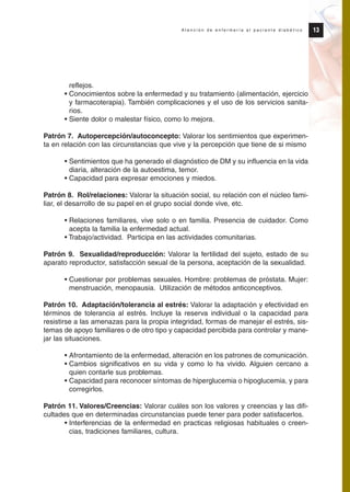 reflejos.
• Conocimientos sobre la enfermedad y su tratamiento (alimentación, ejercicio
y farmacoterapia). También complicaciones y el uso de los servicios sanita-
rios.
• Siente dolor o malestar físico, como lo mejora.
Patrón 7. Autopercepción/autoconcepto: Valorar los sentimientos que experimen-
ta en relación con las circunstancias que vive y la percepción que tiene de si mismo
• Sentimientos que ha generado el diagnóstico de DM y su influencia en la vida
diaria, alteración de la autoestima, temor.
• Capacidad para expresar emociones y miedos.
Patrón 8. Rol/relaciones: Valorar la situación social, su relación con el núcleo fami-
liar, el desarrollo de su papel en el grupo social donde vive, etc.
• Relaciones familiares, vive solo o en familia. Presencia de cuidador. Como
acepta la familia la enfermedad actual.
• Trabajo/actividad. Participa en las actividades comunitarias.
Patrón 9. Sexualidad/reproducción: Valorar la fertilidad del sujeto, estado de su
aparato reproductor, satisfacción sexual de la persona, aceptación de la sexualidad.
• Cuestionar por problemas sexuales. Hombre: problemas de próstata. Mujer:
menstruación, menopausia. Utilización de métodos anticonceptivos.
Patrón 10. Adaptación/tolerancia al estrés: Valorar la adaptación y efectividad en
términos de tolerancia al estrés. Incluye la reserva individual o la capacidad para
resistirse a las amenazas para la propia integridad, formas de manejar el estrés, sis-
temas de apoyo familiares o de otro tipo y capacidad percibida para controlar y mane-
jar las situaciones.
• Afrontamiento de la enfermedad, alteración en los patrones de comunicación.
• Cambios significativos en su vida y como lo ha vivido. Alguien cercano a
quien contarle sus problemas.
• Capacidad para reconocer síntomas de hiperglucemia o hipoglucemia, y para
corregirlos.
Patrón 11. Valores/Creencias: Valorar cuáles son los valores y creencias y las difi-
cultades que en determinadas circunstancias puede tener para poder satisfacerlos.
• Interferencias de la enfermedad en practicas religiosas habituales o creen-
cias, tradiciones familiares, cultura.
13A t e n c i ó n d e e n f e r m e r í a a l p a c i e n t e d i a b é t i c o
Protocolo diabetes 2010 cam color def 4/11/10 11:20 Página 13
 