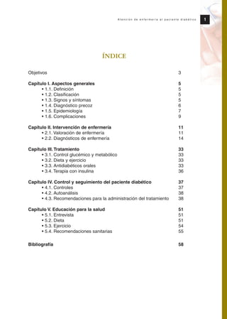 ÍNDICE
Objetivos 3
Capítulo I. Aspectos generales 5
• 1.1. Definición 5
• 1.2. Clasificación 5
• 1.3. Signos y síntomas 5
• 1.4. Diagnóstico precoz 6
• 1.5. Epidemiología 7
• 1.6. Complicaciones 9
Capítulo II. Intervención de enfermería 11
• 2.1. Valoración de enfermería 11
• 2.2. Diagnósticos de enfermería 14
Capítulo III. Tratamiento 33
• 3.1. Control glucémico y metabólico 33
• 3.2. Dieta y ejercicio 33
• 3.3. Antidiabéticos orales 33
• 3.4. Terapia con insulina 36
Capítulo IV. Control y seguimiento del paciente diabético 37
• 4.1. Controles 37
• 4.2. Autoanálisis 38
• 4.3. Recomendaciones para la administración del tratamiento 38
Capítulo V. Educación para la salud 51
• 5.1. Entrevista 51
• 5.2. Dieta 51
• 5.3. Ejercicio 54
• 5.4. Recomendaciones sanitarias 55
Bibliografía 58
1A t e n c i ó n d e e n f e r m e r í a a l p a c i e n t e d i a b é t i c o
Protocolo diabetes 2010 cam color def 4/11/10 11:20 Página 1
 