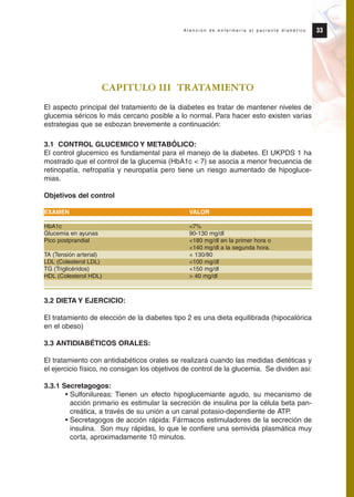 CAPITULO III TRATAMIENTO
El aspecto principal del tratamiento de la diabetes es tratar de mantener niveles de
glucemia séricos lo más cercano posible a lo normal. Para hacer esto existen varias
estrategias que se esbozan brevemente a continuación:
3.1 CONTROL GLUCEMICO Y METABÓLICO:
El control glucemico es fundamental para el manejo de la diabetes. El UKPDS 1 ha
mostrado que el control de la glucemia (HbA1c < 7) se asocia a menor frecuencia de
retinopatía, nefropatía y neuropatía pero tiene un riesgo aumentado de hipogluce-
mias.
Objetivos del control
EXAMEN VALOR
HbA1c <7%
Glucemia en ayunas 90-130 mg/dl
Pico postprandial <180 mg/dl en la primer hora o
<140 mg/dl a la segunda hora.
TA (Tensión arterial) < 130/80
LDL (Colesterol LDL) <100 mg/dl
TG (Triglicéridos) <150 mg/dl
HDL (Colesterol HDL) > 40 mg/dl
3.2 DIETA Y EJERCICIO:
El tratamiento de elección de la diabetes tipo 2 es una dieta equilibrada (hipocalórica
en el obeso)
3.3 ANTIDIABÉTICOS ORALES:
El tratamiento con antidiabéticos orales se realizará cuando las medidas dietéticas y
el ejercicio físico, no consigan los objetivos de control de la glucemia. Se dividen asi:
3.3.1 Secretagogos:
• Sulfonilureas: Tienen un efecto hipoglucemiante agudo, su mecanismo de
acción primario es estimular la secreción de insulina por la célula beta pan-
creática, a través de su unión a un canal potasio-dependiente de ATP.
• Secretagogos de acción rápida: Fármacos estimuladores de la secreción de
insulina. Son muy rápidas, lo que le confiere una semivida plasmática muy
corta, aproximadamente 10 minutos.
33A t e n c i ó n d e e n f e r m e r í a a l p a c i e n t e d i a b é t i c o
Protocolo diabetes 2010 cam color def 4/11/10 11:20 Página 33
 
