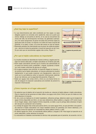 44 A t e n c i ó n d e e n f e r m e r í a a l p a c i e n t e d i a b é t i c o
¿Qué hay bajo la superficie?
• Lo que denominamos piel, está constituido por tres capas. La capa
delgada superior es conocida como epidermis, ésta es la parte que
vemos. Debajo se encuentra la dermis, en la cual se encuentran las
raíces del vello, las terminaciones nerviosas, las glándulas sudorípa-
ras y los vasos sanguíneos. El grosor de estas dos primeras capas es
igual para todo el mundo, no importa ni el índice de masa corporal del
paciente, ni su edad, ni sexo, ni la zona del cuerpo en que se inyecte.
• Recientes estudios han demostrado que el grosor de media de epider-
mis + dermis en todos los pacientes y zonas de inyección es de 2 mm.
Es por esto que se recomiendan agujas más cortas. (Figura 1)
¿Por qué el tejido subcutáneo es importante?
• La insulina necesita ser absorbida de manera continua y regular para tra-
bajar de manera adecuada y el tejido subcutáneo es el idóneo para ello.
• Dicho tejido subcutáneo permite que la insulina sea administrada en
el cuerpo de manera suave, predecible y regular, ayudando a mante-
ner unos niveles uniformes de glucosa en sangre.
• Si la aguja progresa más profundo, la inyección llegará al músculo, y
al contrario que el tejido subcutáneo, el músculo absorberá la insulina
rápidamente, lo que puede ocasionar una hipoglucemia –esta es la
razón por la cual debemos evitar la inyección intramuscular (además
de por ser doloroso, por la seguridad del paciente). (Figura 2).
• Optar por agujas más cortas (4mm y 5mm) es una buena forma no
solo de asegurar la inyección subcutánea sino también de prevenir la
inyección intramuscular.
¿Cómo inyectar en el lugar adecuado?
• Ya sabemos que el objetivo de la inyección de insulina es alcanzar el tejido adiposo o tejido subcutáneo.
Para la mayoría de las personas es ideal utilizar una aguja corta (5mm /4mm) ya que con éstas es más
difícil alcanzar el músculo.
• Si, tal y como es habitual en el medio hospitalario, utilizamos jeringa, debemos saber que la longitud de
aguja mínima disponible son 8mm, en ese caso deberemos utilizar pellizco y angular a 45º (como mues-
tra la imagen abajo), (esta longitud mínima requerida, se debe a que la jeringa debe atravesar el tapón
del vial para la sustracción de la insulina).
• La ventaja de agujas más cortas para pluma (5mm y la nueva aguja 4mm), es que permiten a los pacien-
tes alcanzar el tejido subcutáneo con mayor facilidad (incluso en pacientes con menor destreza) y en
todas las zonas de inyección sin necesidad de utilizar pellizco (4mm) y a 90º.
• Si utilizan agujas de >5mm, se recomienda utilizar pellizco y angular a 45º. Para lograr la inyección en el
punto adecuado y evitar alcanzar el músculo.
• La educadora en diabetes recomendará la técnica más apropiada para el paciente, de acuerdo a la lon-
Fig. 1. Lugares de punción pre-
ferente
Fig. 2. Lugares y formas de pun-
ción preferente
Protocolo diabetes 2010 cam color def 4/11/10 11:21 Página 44
 