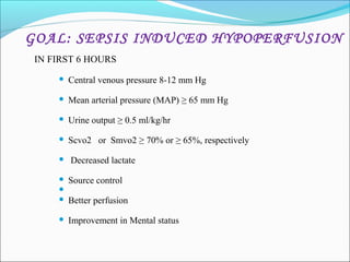 GOAL: SEPSIS INDUCED HYPOPERFUSION
IN FIRST 6 HOURS


Central venous pressure 8-12 mm Hg



Mean arterial pressure (MAP) ≥ 65 mm Hg



Urine output ≥ 0.5 ml/kg/hr



Scvo2 or Smvo2 ≥ 70% or ≥ 65%, respectively




Decreased lactate
Source control




Better perfusion



Improvement in Mental status

 