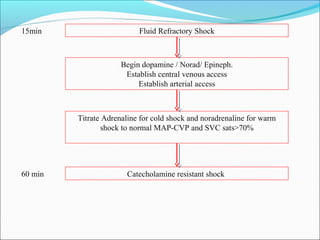 15min

Fluid Refractory Shock

Begin dopamine / Norad/ Epineph.
Establish central venous access
Establish arterial access

Titrate Adrenaline for cold shock and noradrenaline for warm
shock to normal MAP-CVP and SVC sats>70%

60 min

Catecholamine resistant shock

 