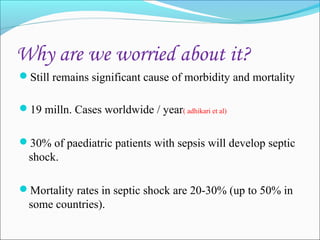 Why are we worried about it?
Still remains significant cause of morbidity and mortality
19 milln. Cases worldwide / year( adhikari et al)
30% of paediatric patients with sepsis will develop septic

shock.
Mortality rates in septic shock are 20-30% (up to 50% in

some countries).

 